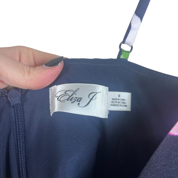 Eliza J NWT Cocktail Dress Size 8 Navy Floral Mikado Mini Satin Wedding Guest - Picture 14 of 15